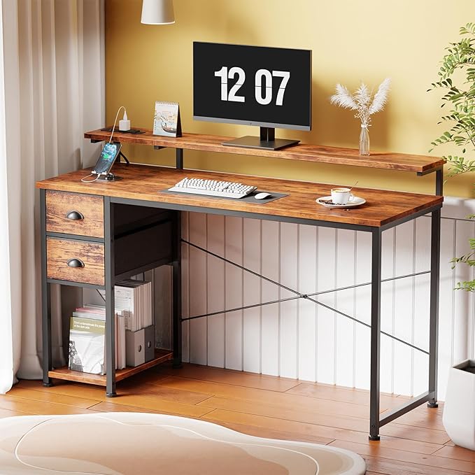 55 Inch Computer Desk with Power Outlets & LED Lights, Home Office Desk with - Image 2