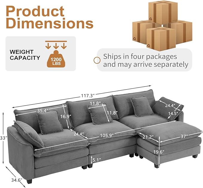 Furniliving 117‘’ L-Shaped Sofa, Luxury Corduroy Modular Sectional Couches - Image 2