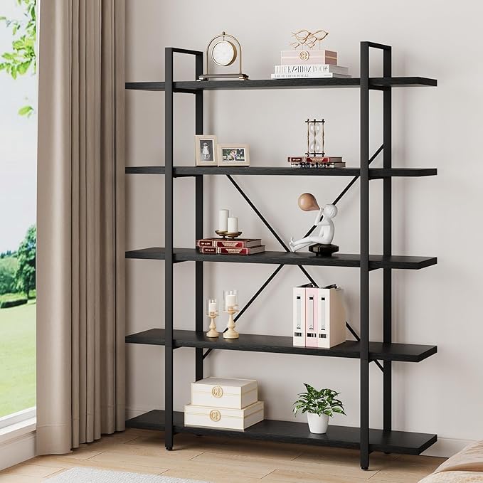 HSH 5 Tier Tall Black Bookshelf, Wood and Metal Storage Book Rack, Industrial - Image 8
