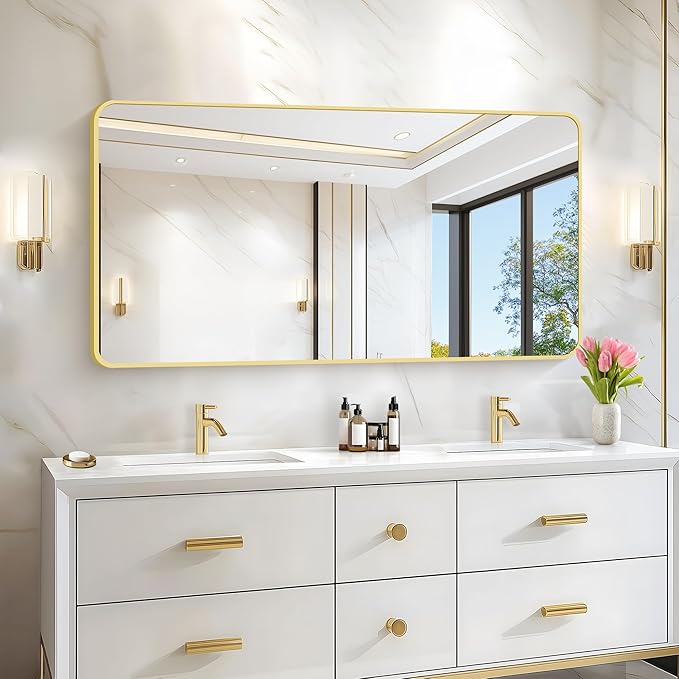 55x30 Inch Gold Bathroom Mirror, Metal Framed Gold Rectangle Mirrors, Rounded - Image 3