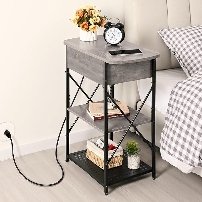 Narrow Side Table with Charging Station, End Tables Set of 2 - Image 2