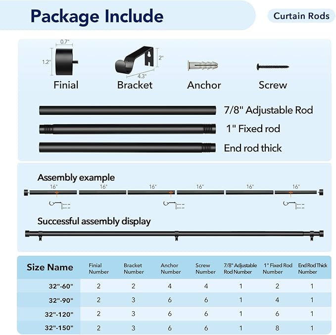 2 Pack Curtain Rods for Windows 28 to 48 Inch, 1 Inch Black Adjustable Heavy - Image 6