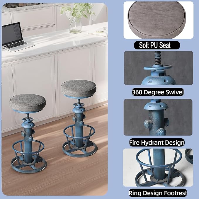 Industrial Bar Stool with Cushioned PU Seat 24.8-30.3inch Height Adjustable - Image 5