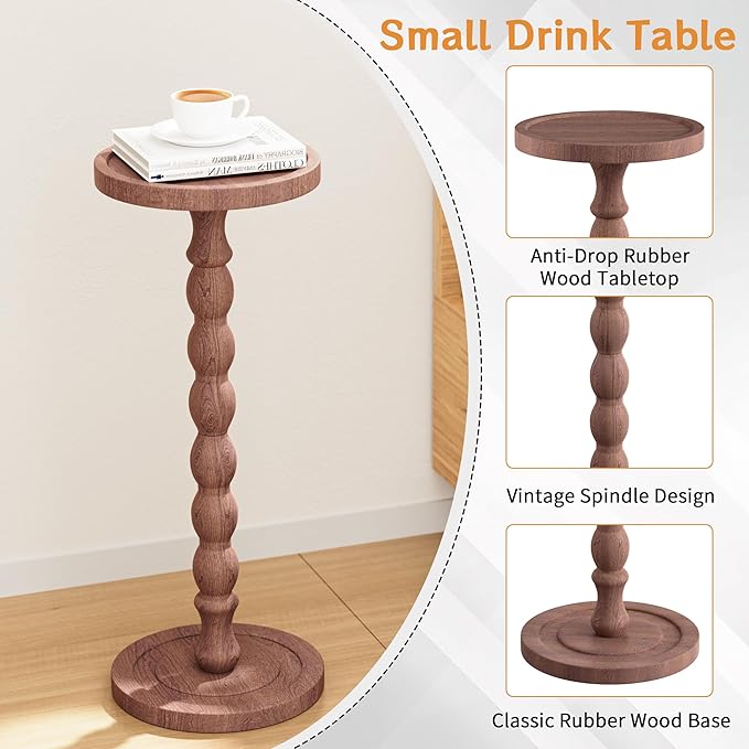 Solid Wood Drink Table, Rubber Wood‌ Small Round Side Table - Image 5