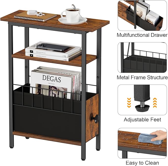 Snughome Narrow Side Table for Small Spaces, Slim End Table 3 Tier, Skinny - Image 6