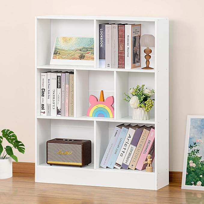 YAHARBO White 7 Cube Bookshelf, 3 Tier Modern Horizontal Bookcase, Wooden Low by YAHARBO