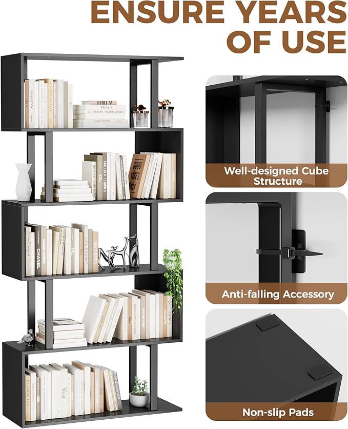 Gadroad 5-Tier Geometric Bookcase, S Shaped Bookshelf, Wood Decorative Storage - Image 6