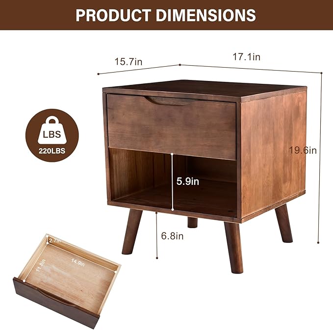 CozyDH Nightstand with Drawer and Opening Storage, Solid Wood Modern Bedside - Image 2