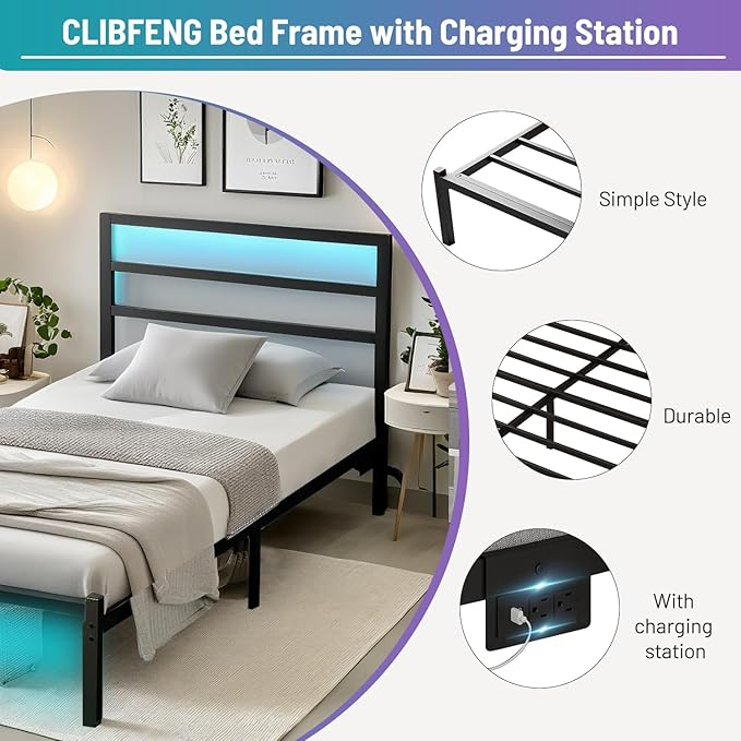 Twin Bed Frame with Headboard, Heavy Duty Steel Slats Support-LED Bed Frame - Image 4