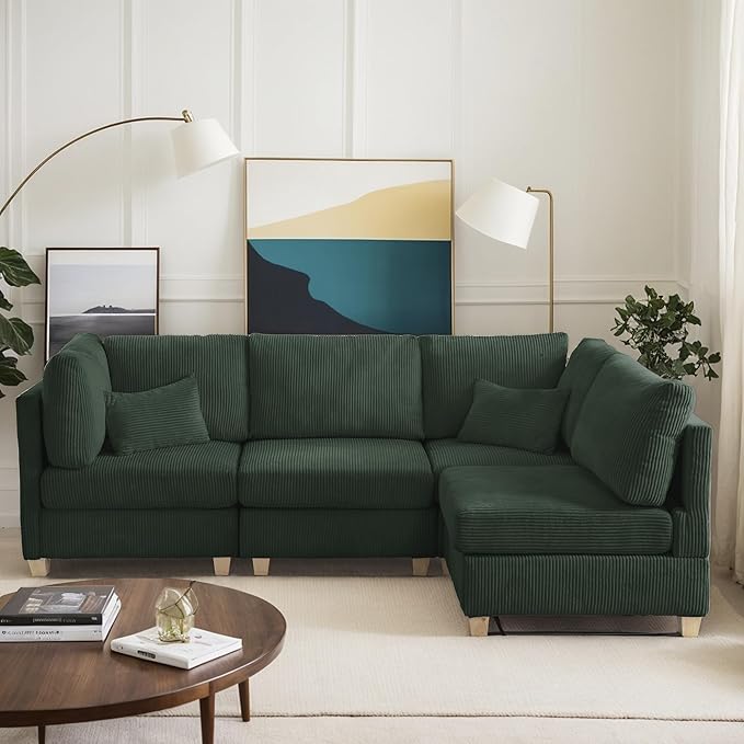 126" Convertible L-Shaped Modular Sectional Sofa, 4 Seater Corduroy Upholstered by Unknown