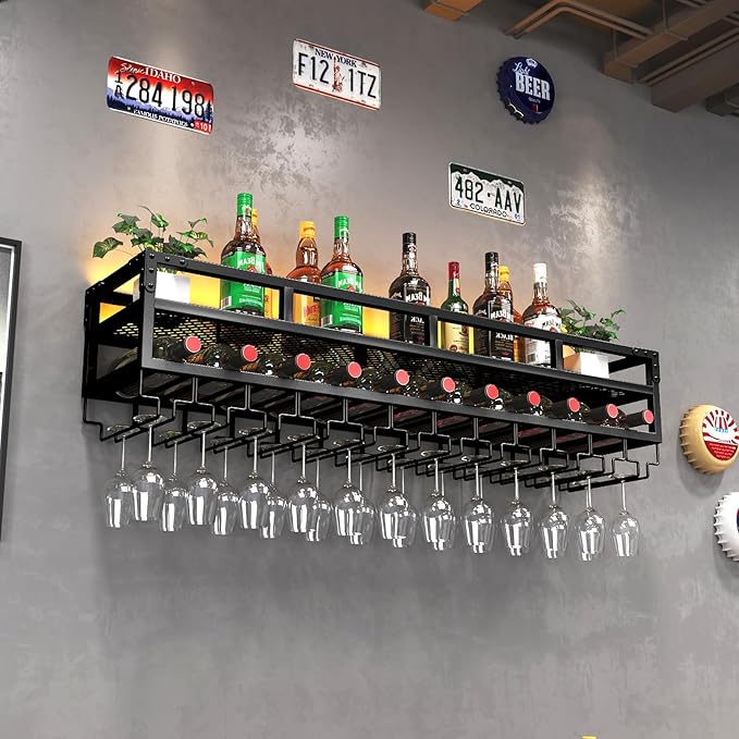 Pengfei LED Wine Rack Wall Mounted, Industrial Metal Wall Wine Shelf & Glass - Image 2