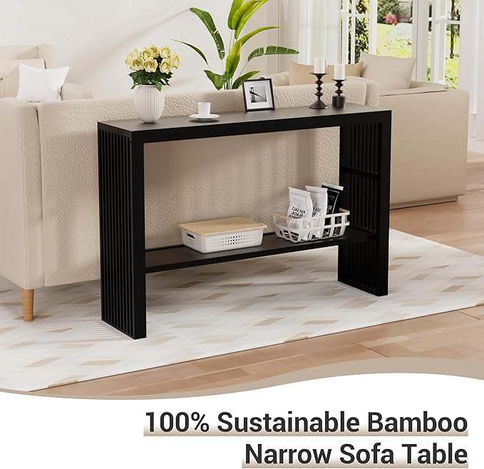 Bamboo Wood Console Table 47.2" Entryway Table, 2-Tier Farmhouse Narrow Sofa - Image 3