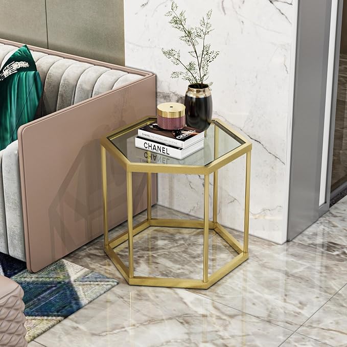 Gold Glass Coffee Table Modern Glass Center Table, Hexagon Free Combination - Image 6