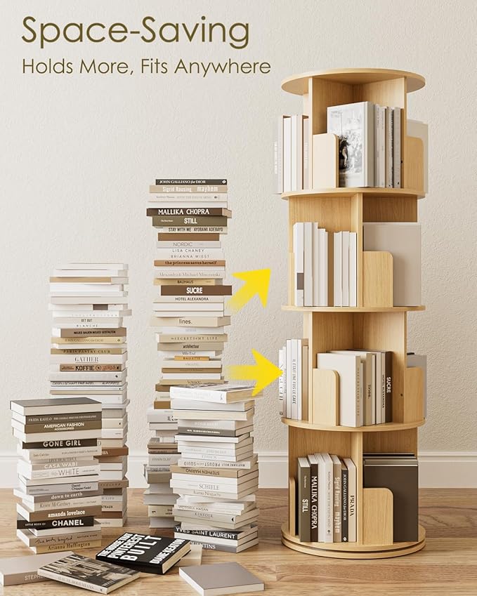 Masupu Rotating Bookshelf, Tall 4 Tier Rotating Spinning Bookshelf Tower - Image 4