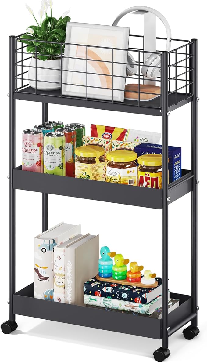 KINGRACK 3-Tier Metal Rolling Cart, Slim Storage Cart, Mobile Shelving Unit by KINGRACK