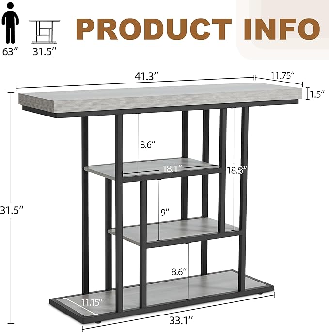 HABUTWAY 42" Industrial Console Table, Narrow 4-Tier Wood Entryway Table - Image 2