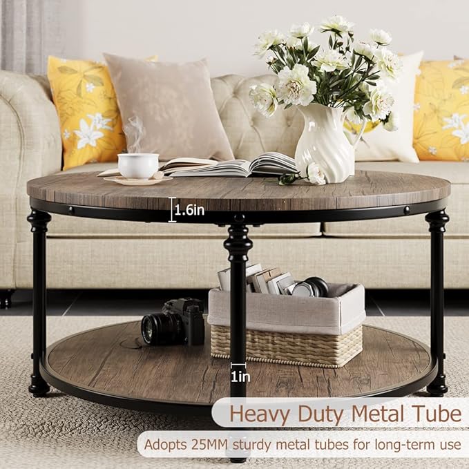 34.25in Round Wood Coffee Table, 2-Tier Small Coffee Table - Image 6
