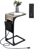 C Shaped End Table with Charging Station, Couch Side Table with Storage Pocket by Upolana