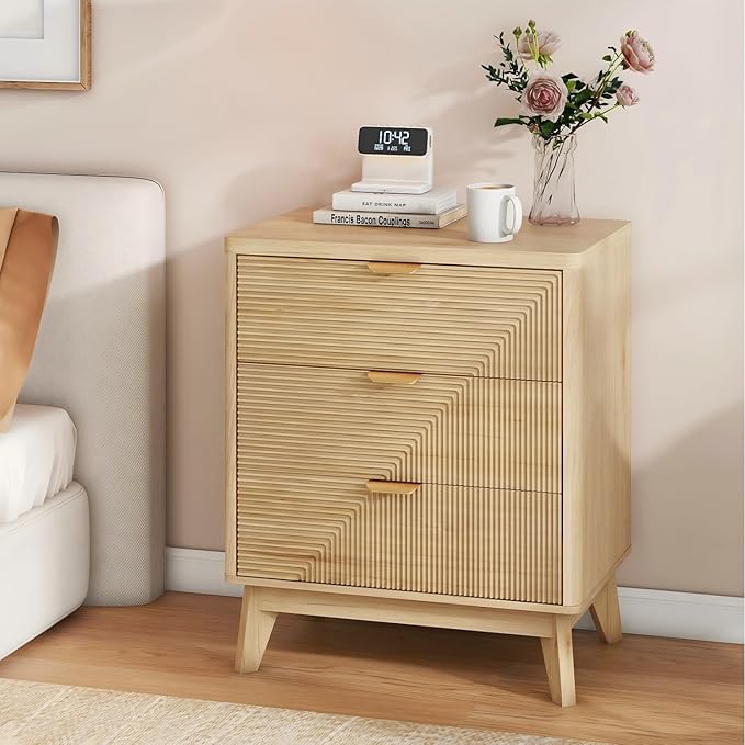3 Drawer Fluted Nightstand for Bedroom, Modern Wood Chest of Drawers by LYNCOHOME