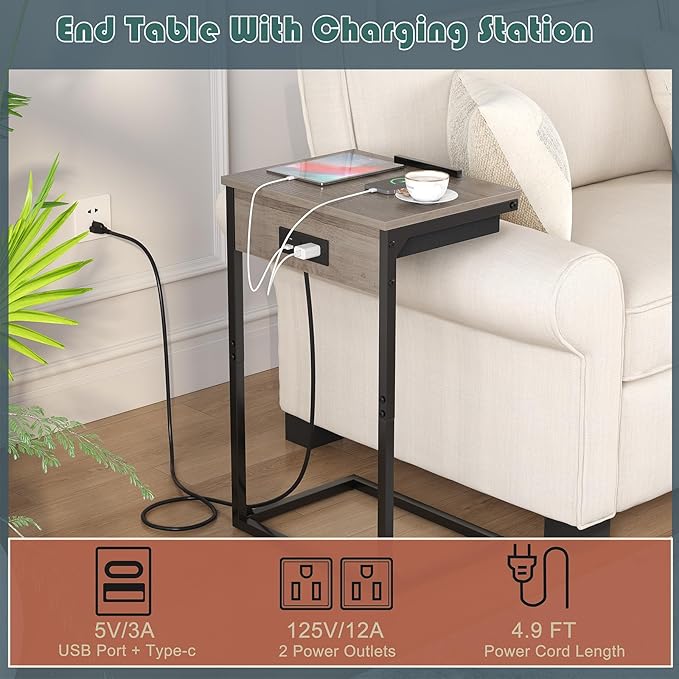 C Shaped End Tables with Charging Station, 45° Tiltable Adjustable Flip Top - Image 5