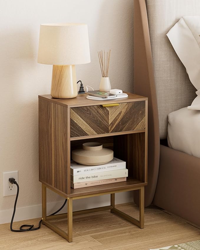 Nightstand with Charging Station, Boho Night Stand Wood Farmhouse Bedside Table - Image 5