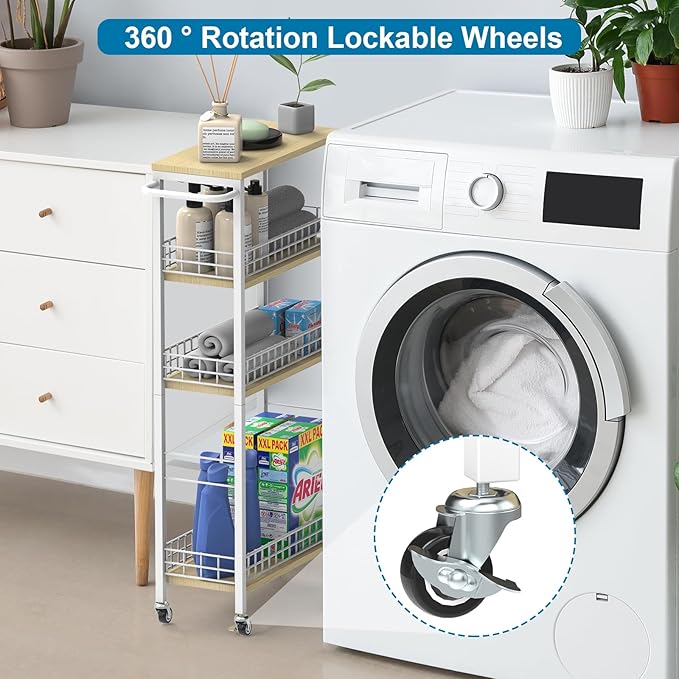 YBING Slim Storage Cart 4-Tier Rolling Kitchen Utility Cart White Narrow - Image 2