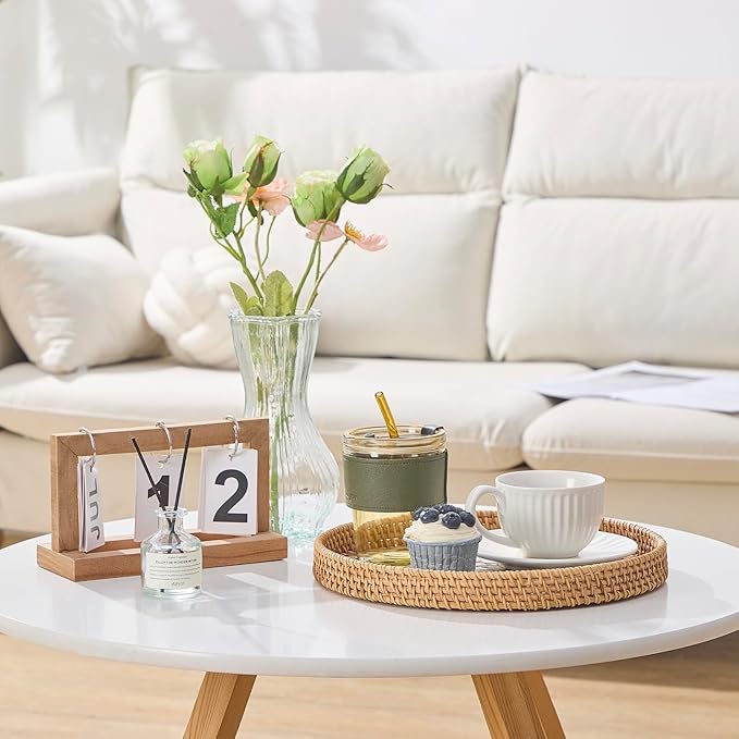 Round Rattan Tray with Mother of Pearl Inlay, Rattan Serving Tray with Wooden - Image 4
