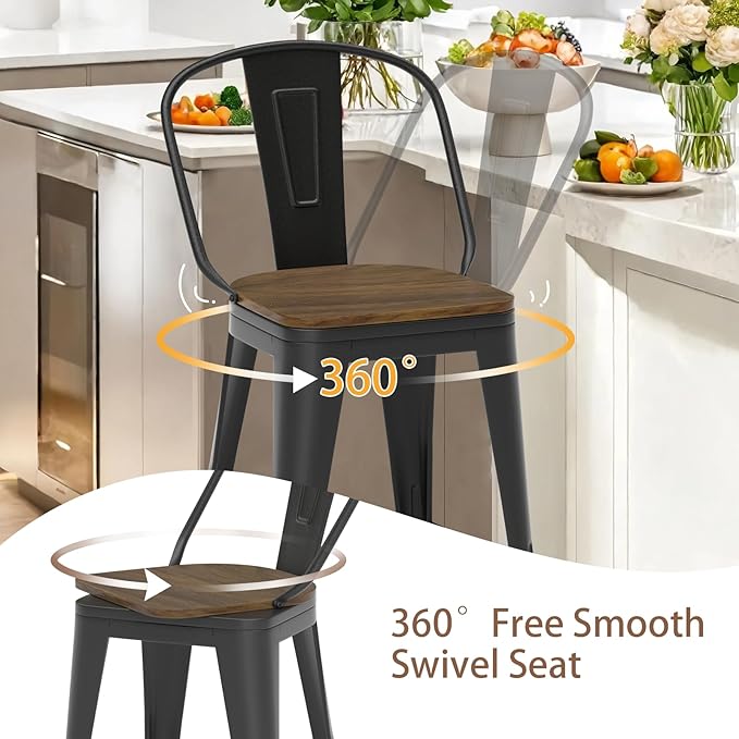 30” Swivel Bar Stools Set of 4, Counter Height Bar Stools Wooden Seat, Metal - Image 5