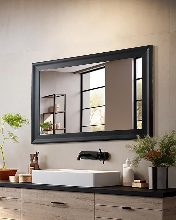 CULER Black Wood Wall Mirror for Bathroom, Rectangle Rustic 24 x 36 inch - Image 3