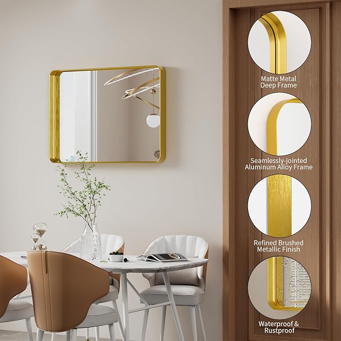 Koonmi Gold Bathroom Mirror for Wall, 22x30 Inch Matte Metal Deep Framed - Image 3