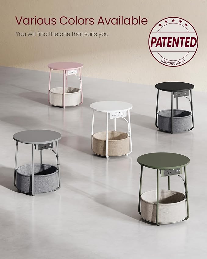 VASAGLE Side Table with Charging Station, Round End Table with Fabric Basket - Image 9