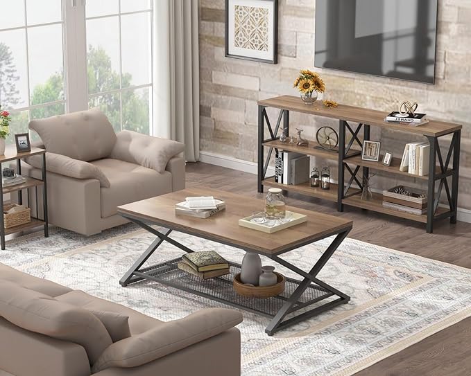 LVB Wood Coffee Table, Metal Wooden Living Room Table - Image 7
