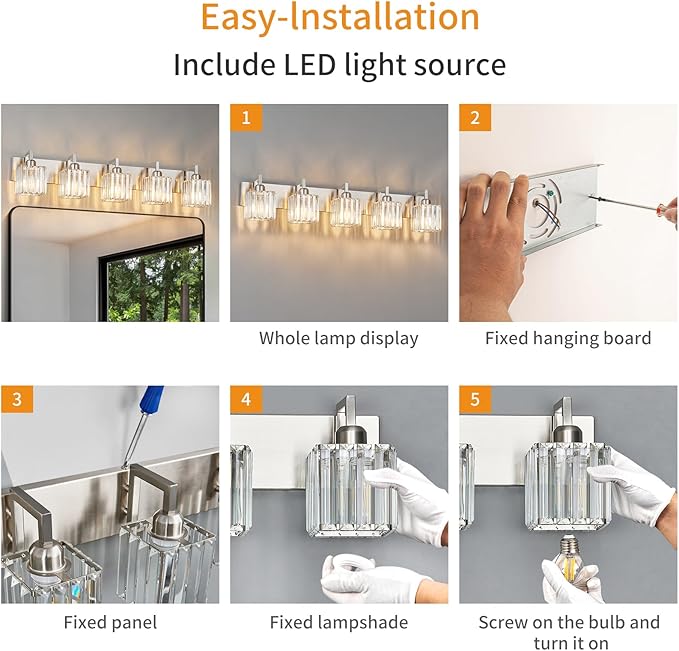 Modern Bathroom Vanity Light 5-Lights Brushed Nickel Vanity Light Crystal Wall - Image 7