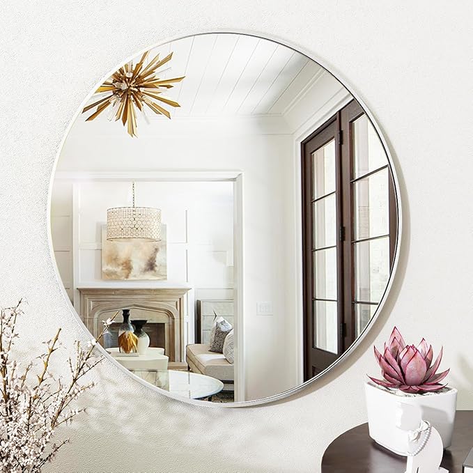 Silver Round Bathroom Mirror, 30 inch Circle Wall Mounted Hanging Mirror - Image 6