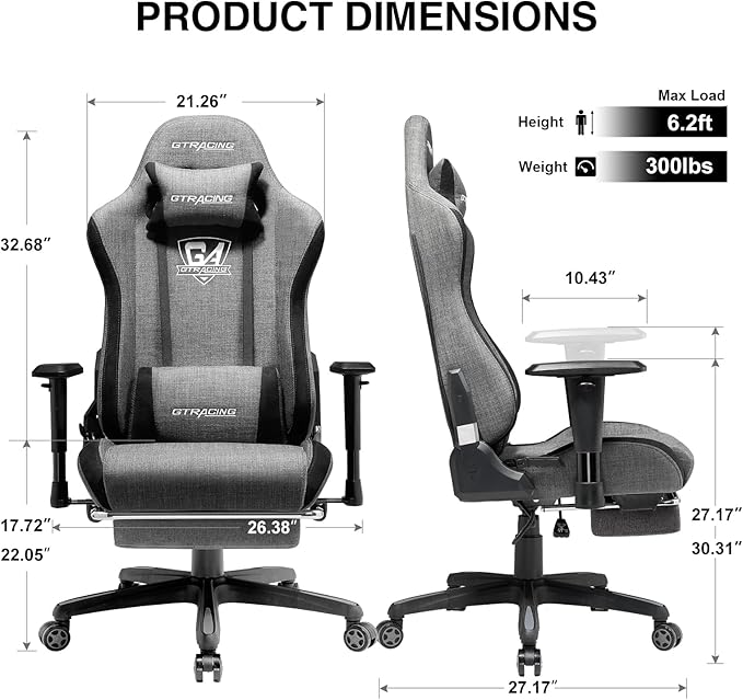 GTRACING Gaming Chair with Footrest, Fabric Breathable Big and Tall Ergonomic - Image 3