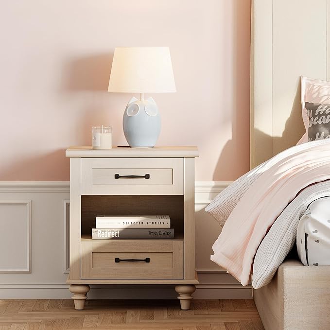 WAMPAT Beige Side Table with Charging Station, Elegant Nightstand - Image 3