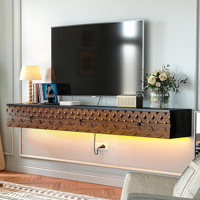 Fully-Assembled Floating TV Stand, Vintage Carved Floating Entertainment Center by FloatiCasa