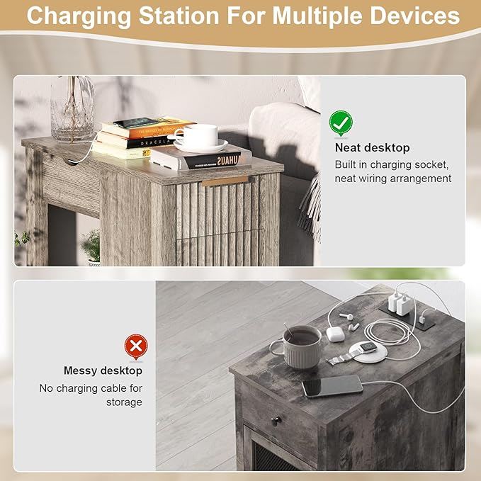 End Table with Charging Station 24'' Nightstand with Charging Station Vintage - Image 6