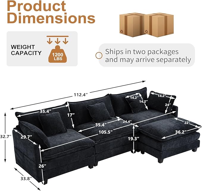 Furniliving 112‘’ L-Shaped Sofa, Luxury Chenille Modular Sectional Couches - Image 2