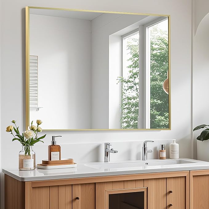 Brushed Gold Mirror, 40x30 Inch Aluminum Framed Rectangle Mirror, Tempered Glass by CLBA