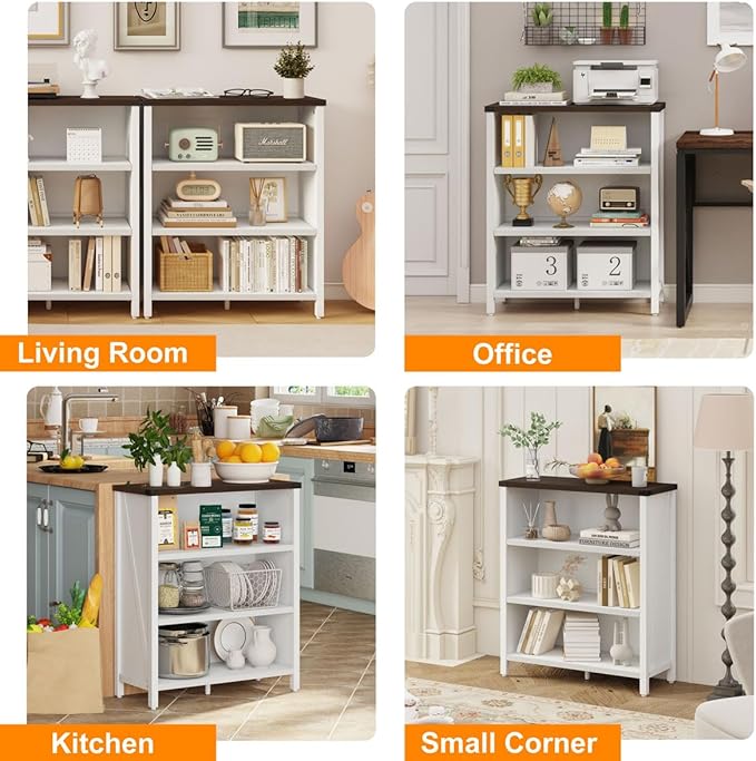BON AUGURE Small Bookshelf for Small Space, 3 Tier Bookcase, Farmhouse Wood Low - Image 6