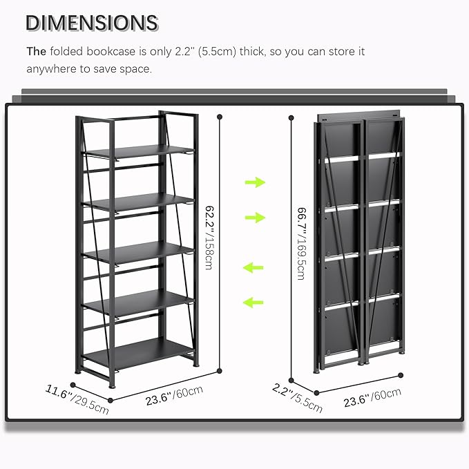 4NM No Assembly Folding Bookshelf, 5-Shelf 62.2" H Collapsible Foldable - Image 2