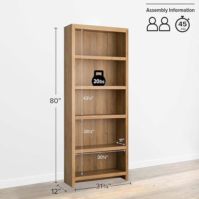 Prepac Moda 5-Tier Tall Wooden Bookcase, Oak Storage Cabinet, Display Cabinet - Image 3