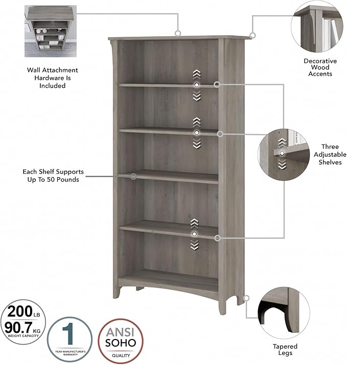 Bush Furniture Salinas 5 Shelf Bookcase in Driftwood Gray, Tall Bookshelf - Image 8
