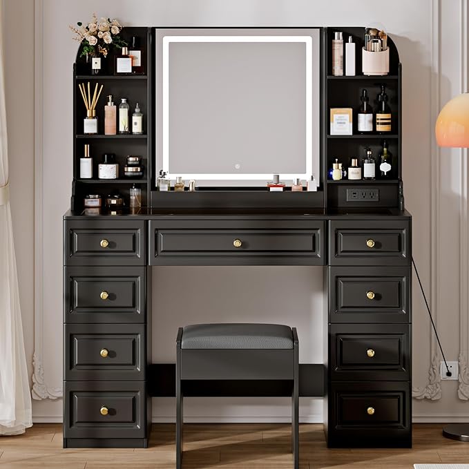 42" Makeup Vanity Desk with Mirror and Lights, & Power Outl, Glass Top Big - Image 8