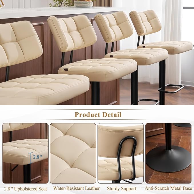 Furniliving Upholstered Bar Stools Set of 4, Faux Leather Swivel Bar Stools - Image 4