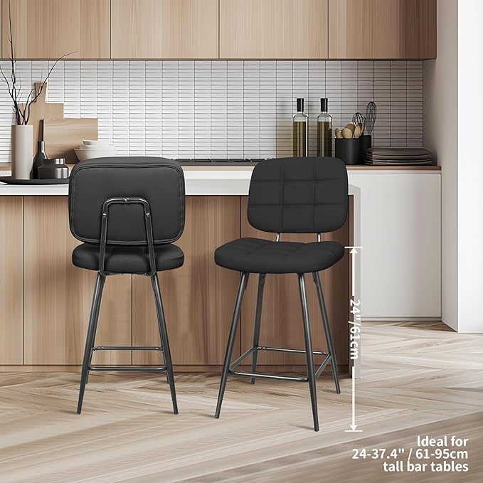 Bar Stools Set of 2, 24 Inch Upholstered Metal Barstool - Image 7