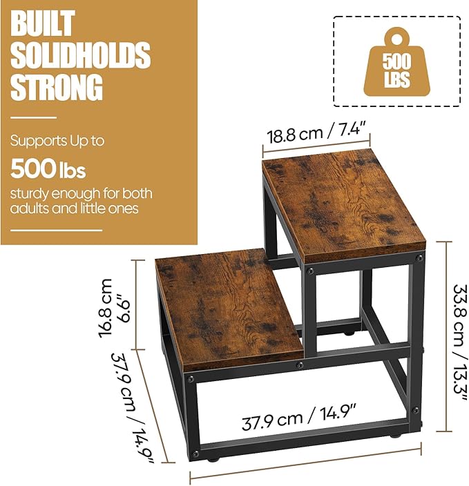 Wood and Metal 2 Step Stool for Adults & Kids – Heavy Duty Rustic Step Stools - Image 2