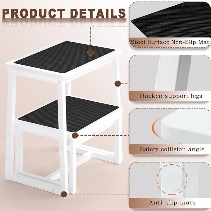 2 Step Stools for Adults Kids, Anti-Slip Sturdy Wooden Foot Stools - Image 3