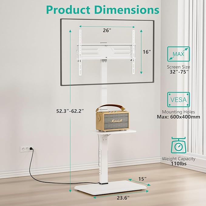 WALI Floor TV Stand with Power Outlet & AV Shelf, Tall TV Stand Mount - Image 5